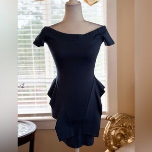 Lovely Day Navy Asymmetrical Off-Shoulder Dress